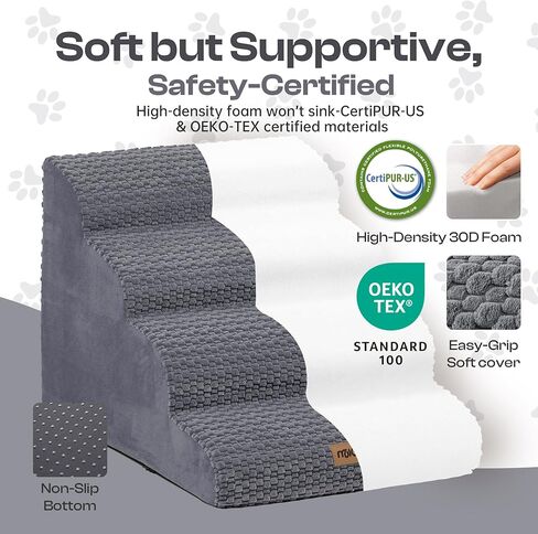 سلالم للكلاب عريضة للغاية مكونة من 4 خطوات للسرير والأريكة بارتفاع 45.72 سم، خطوات أكثر ثباتًا للحيوانات الأليفة غير قابلة للانزلاق مع هيكل إسفنجي متوازن ومنحدرات لطيفة، خطوات كلب داخلية أنيقة للكلاب الصغيرة والمتوسطة، رمادي in Kuwait