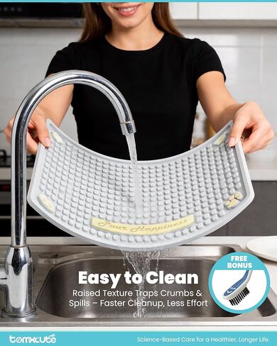 Tomxcute Extra Thick Pet Feeding Mat 19.7" x 14.2", BPA-Free Food-Grade PVC, Waterproof Raised Edge Non-Slip Bowl Mat for Cat Water Fountain & Automatic Feeder, Textured Fast-Drain, Brush Included in Kuwait