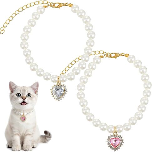 2Pcs Cat Pearl Collar, Fancy Small Heart Shape Rhinestone Pet Necklace, Adjustable Pearl Dog Cats Collars, Wedding Party Pet Jewelry Accessories for Puppy Small Cats- White & Pink in Saudi Arabia