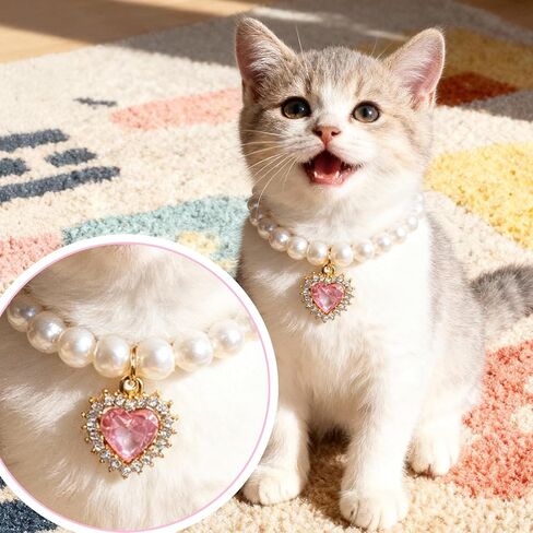 2Pcs Cat Pearl Collar, Fancy Small Heart Shape Rhinestone Pet Necklace, Adjustable Pearl Dog Cats Collars, Wedding Party Pet Jewelry Accessories for Puppy Small Cats- White & Pink in Saudi Arabia