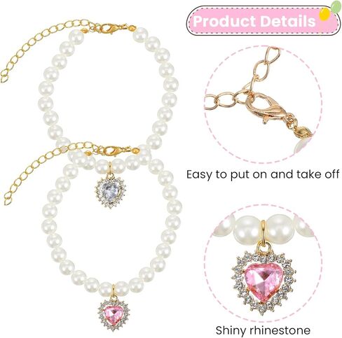 2Pcs Cat Pearl Collar, Fancy Small Heart Shape Rhinestone Pet Necklace, Adjustable Pearl Dog Cats Collars, Wedding Party Pet Jewelry Accessories for Puppy Small Cats- White & Pink in Saudi Arabia