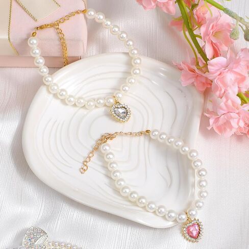 2Pcs Cat Pearl Collar, Fancy Small Heart Shape Rhinestone Pet Necklace, Adjustable Pearl Dog Cats Collars, Wedding Party Pet Jewelry Accessories for Puppy Small Cats- White & Pink in Saudi Arabia
