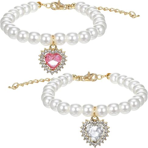 2Pcs Cat Pearl Collar, Fancy Small Heart Shape Rhinestone Pet Necklace, Adjustable Pearl Dog Cats Collars, Wedding Party Pet Jewelry Accessories for Puppy Small Cats- White & Pink in Saudi Arabia
