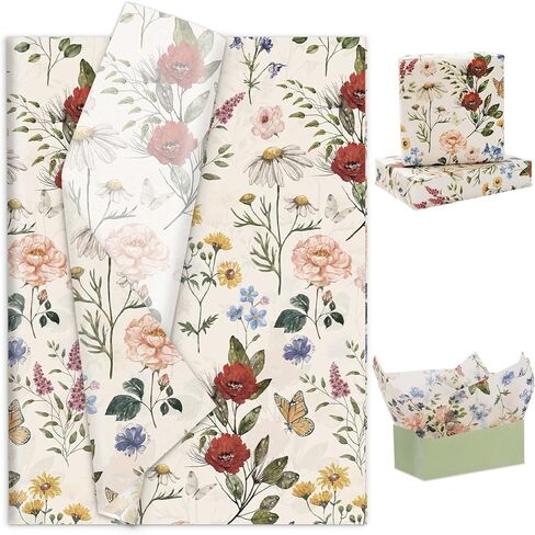 100 Sheets Floral Tissue Paper Vintage Wildflower Gift Wrapping Paper Butterfly Flower Printed DIY Art Craft Papers for Spring Wedding Bridal Shower Birthday, 14 x 20 Inch in Saudi Arabia