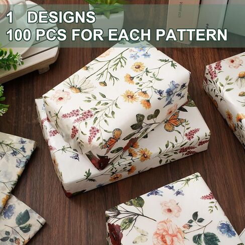 100 Sheets Floral Tissue Paper Vintage Wildflower Gift Wrapping Paper Butterfly Flower Printed DIY Art Craft Papers for Spring Wedding Bridal Shower Birthday, 14 x 20 Inch in Saudi Arabia