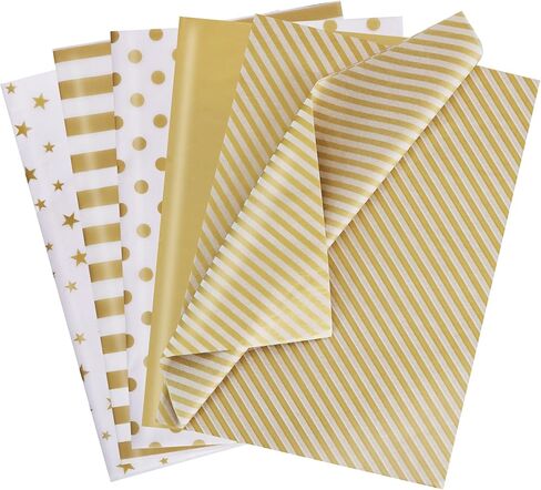 BEISHIDA 100 Sheets Gold and White Tissue Paper Bulk, Gold Dots Star Twill Stripes Print Wrapping Tissue Paper for Gift Bags, 14 x 20 Inch Gift Wrap for Birthday Wedding Christmas DIY Crafts in Saudi Arabia