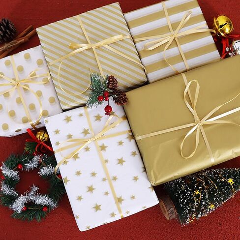 BEISHIDA 100 Sheets Gold and White Tissue Paper Bulk, Gold Dots Star Twill Stripes Print Wrapping Tissue Paper for Gift Bags, 14 x 20 Inch Gift Wrap for Birthday Wedding Christmas DIY Crafts in Saudi Arabia