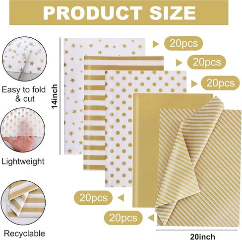 BEISHIDA 100 Sheets Gold and White Tissue Paper Bulk, Gold Dots Star Twill Stripes Print Wrapping Tissue Paper for Gift Bags, 14 x 20 Inch Gift Wrap for Birthday Wedding Christmas DIY Crafts in Saudi Arabia