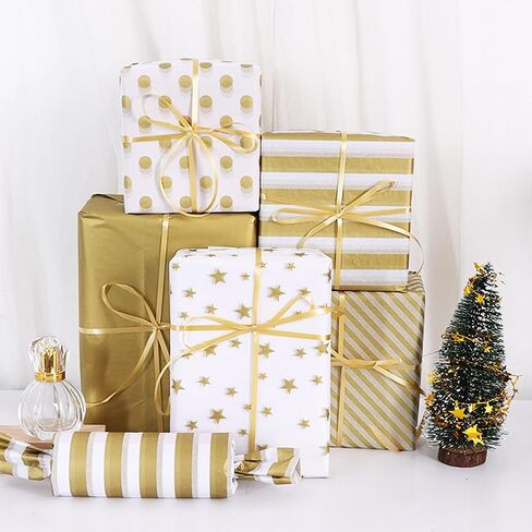 BEISHIDA 100 Sheets Gold and White Tissue Paper Bulk, Gold Dots Star Twill Stripes Print Wrapping Tissue Paper for Gift Bags, 14 x 20 Inch Gift Wrap for Birthday Wedding Christmas DIY Crafts in Saudi Arabia