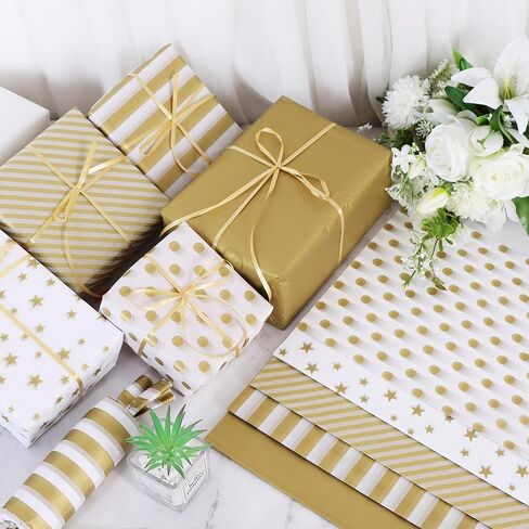 BEISHIDA 100 Sheets Gold and White Tissue Paper Bulk, Gold Dots Star Twill Stripes Print Wrapping Tissue Paper for Gift Bags, 14 x 20 Inch Gift Wrap for Birthday Wedding Christmas DIY Crafts in Saudi Arabia
