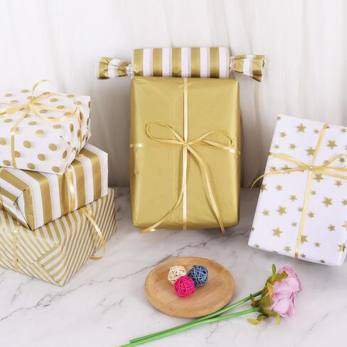 BEISHIDA 100 Sheets Gold and White Tissue Paper Bulk, Gold Dots Star Twill Stripes Print Wrapping Tissue Paper for Gift Bags, 14 x 20 Inch Gift Wrap for Birthday Wedding Christmas DIY Crafts in Saudi Arabia
