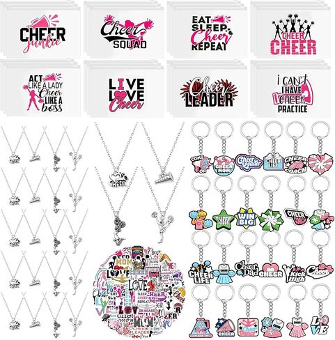 122 Pcs Cheerleader Gifts Bulk for Team, 24 Set Cheer Necklace, Makeup Bag, Keychain, Stickers Set, Cheer Team Gifts for Girls Women, Cheerleading Party in Saudi Arabia
