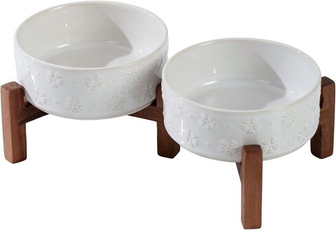 6.1inch Ceramic Raised Double Bowls Set with Acacia Wood Stand, 2 Heights Elevated, Food & Water Bowls for Small Breed Dogs, Weighted Dog Dishes, Pet Bowl(27oz, Arctic White) in Kuwait