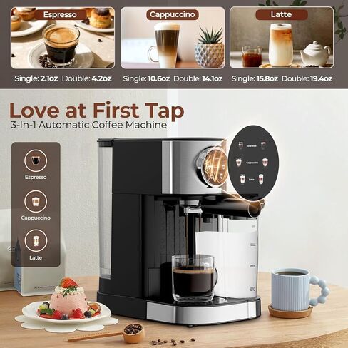 Espresso Machine 20 Bar, Super Compact Espresso Maker Stainless Steel with Touch Screen, Professional Coffee Machine, Automatic Milk Frother for Cappuccino in Saudi Arabia