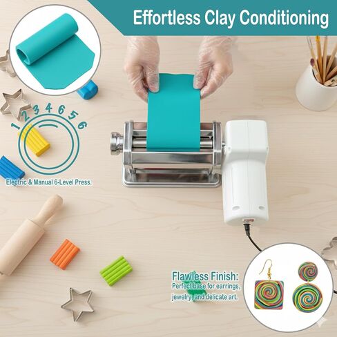 Electric Polymer Clay Roller Machine, Dual Mode Clay Press Machine with 6 Thickness Settings, 60W Motor, Includes 8 Embossing Tools & Clay Tools for Polymer Clay Earring Making in Saudi Arabia