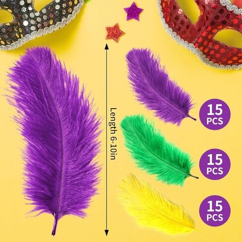 MARFOREVER 45 Pcs Mardi Gras Feathers for Crafts, Purple Gold Green Feathers Bulk 6-10 inch Plume Carnival Feathers for Mardi Gras Costume DIY Crafts Party Home Decorations in Saudi Arabia