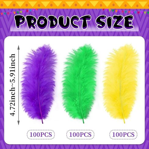 MARFOREVER 300pcs Mardi Gras Feathers, 4-6 Inch 12-15cm Yellow Green Purple Rooster Feathers for Crafts, Mardi Gras Party Decoration DIY Craft Supplies in Saudi Arabia