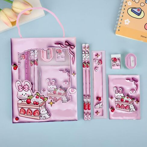 6 pieces of stationery with 2PCS Small Notebook,Creative Stationery Set,Pink in Saudi Arabia