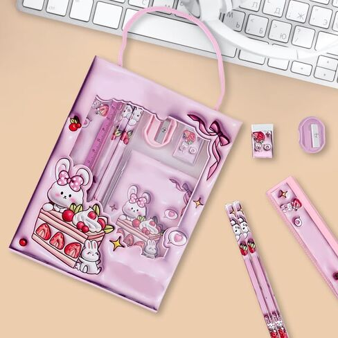 6 pieces of stationery with 2PCS Small Notebook,Creative Stationery Set,Pink in Saudi Arabia