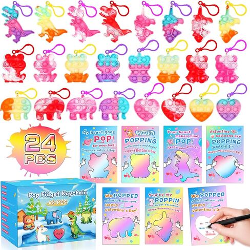 هدايا عيد الحب من كريولبو للأطفال 24 قطعة من سلاسل المفاتيح على شكل قلب بوب فيدجيت، ألعاب تخفيف التوتر الفقاعية مع بطاقات عيد الحب، هدايا تبادل الحفلات في الفصل الدراسي للأولاد والبنات والأطفال الصغار in Kuwait