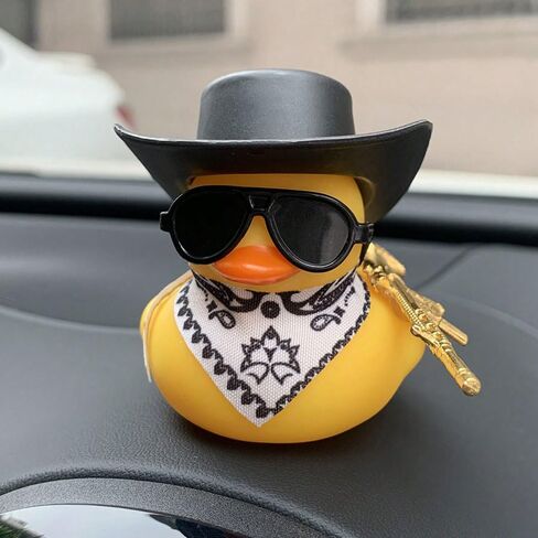 A Yellow Toy Duck,Wearing A Black Cowboy Hat and A Yellow Scarf,Carrying A Gun On Its Back. Auto Parts,Exterior Decorations,Party Decorations in Saudi Arabia