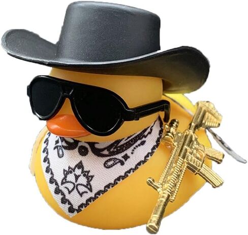 A Yellow Toy Duck,Wearing A Black Cowboy Hat and A Yellow Scarf,Carrying A Gun On Its Back. Auto Parts,Exterior Decorations,Party Decorations in Saudi Arabia