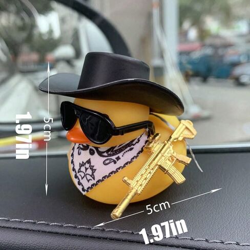 A Yellow Toy Duck,Wearing A Black Cowboy Hat and A Yellow Scarf,Carrying A Gun On Its Back. Auto Parts,Exterior Decorations,Party Decorations in Saudi Arabia