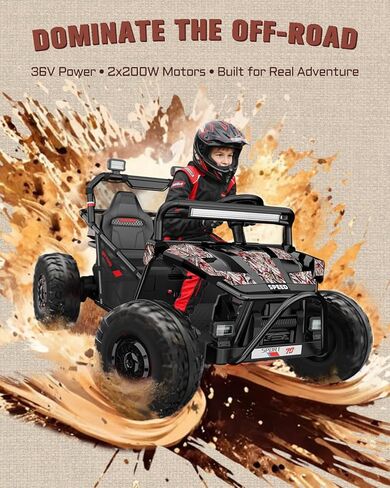 First Ride On 36V Kids Ride On UTV, 2-Seater 400W Electric Car for Kids 6+, 5-8 MPH Speed, 14" EVA Wheels, Metal Frame, Bluetooth Music, Rear Metal Suspension Off-Road Vehicle (Black Camo) in Kuwait