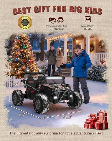 First Ride On 36V Kids Ride On UTV, 2-Seater 400W Electric Car for Kids 6+, 5-8 MPH Speed, 14" EVA Wheels, Metal Frame, Bluetooth Music, Rear Metal Suspension Off-Road Vehicle (Black Camo) in Kuwait