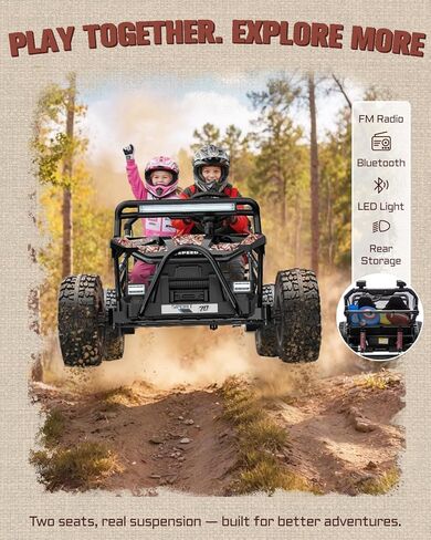 First Ride On 36V Kids Ride On UTV, 2-Seater 400W Electric Car for Kids 6+, 5-8 MPH Speed, 14" EVA Wheels, Metal Frame, Bluetooth Music, Rear Metal Suspension Off-Road Vehicle (Black Camo) in Kuwait