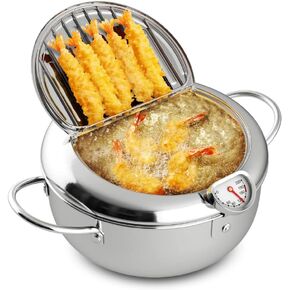 HABP GLOBAL Deep Fryer Pot,4.2 L, 304 Stainless Steel with Temperature Control and Oil Drip Drainer Rack, for Kitchen French Fries, Chicken etc - Janpanese Style Tempura Frying Pot with Lid in Kuwait
