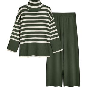 Tanming Women's Sweater Sets Long Sleeve Striped Jumper Tops Casual Knit Wide Leg Pants Sets in Kuwait