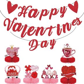 Valentine’s Day Party Decorations – Glitter "Happy Valentine’s Day" Banner with 6 Honeycomb Table Centerpieces, Romantic Valentines Day Table Decor for Valentine Party in Saudi Arabia