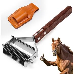 مشط عرف الحصان 2 في 1 مع حامل مشط جلدي، مشط تشذيب المعطف السفلي للماعز والبقر والماشية والحيوانات الأليفة و20 شفرة مقاومة للصدأ ومقبض خشبي in Kuwait