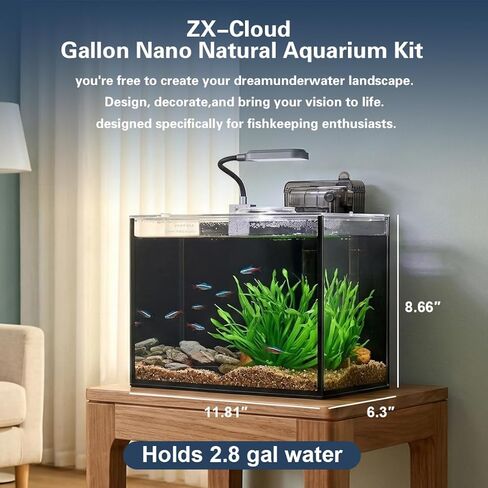 Betta Fish Tank,Aquarium Starter kit,2.8 Gallon Fish Tank Kit,Small Aquarium,Small Fish Tank,Ultra-Clear Nano Aquarium with Light,Filter,Cobblestone,Sand and Artificial Plants in Saudi Arabia