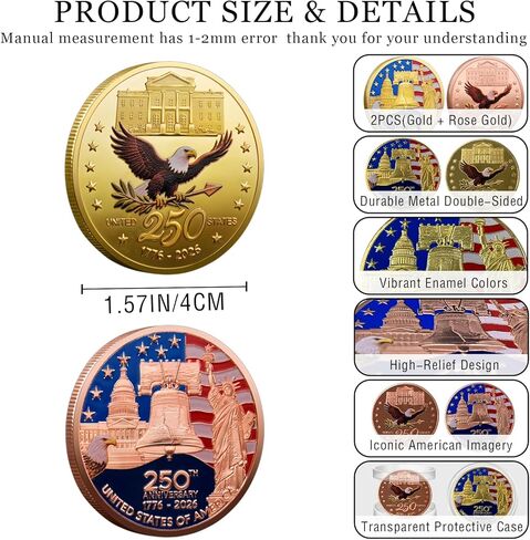 قطعتان من العملات التذكارية للذكرى السنوية الـ 250، عملات معدنية قابلة للجمع بتصميم العلم الأمريكي وجرس الحرية، عيد ميلاد 250 - 1.57 بوصة عملات معدنية متينة للذكرى السنوية للعرض، وهواة الجمع وفكرة الهدايا، تصميم وطني in Kuwait