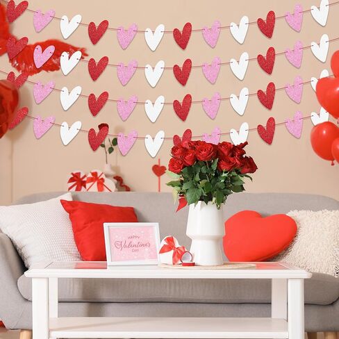 tifeson 4 حزمة بريق القلب إكليل راية، لا DIY، زينة عيد الحب، أحمر وردي أبيض ورقة القلب راية لعيد الحب المنزل عباءة جدار طاولة الزفاف المشاركة الذكرى السنوية ديكور Galentines in Saudi Arabia