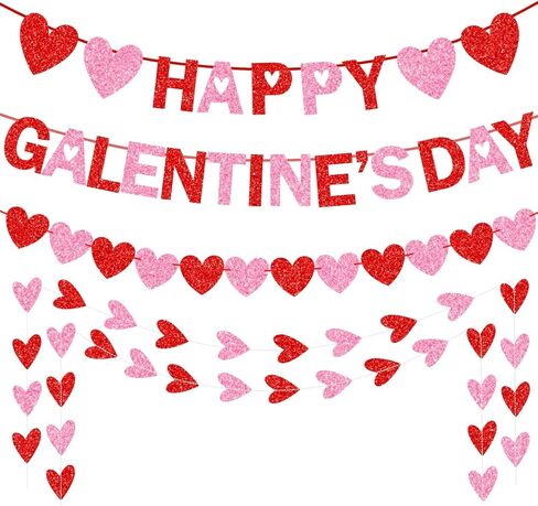 Happy Valentine's Day Banner, NO DIY Red Pink Glitter Valentines Heart Banner for Valentines Party Decorations Hollow Conversation Heart Valentines Day Paper Garland for Home Mantle Office Decor in Saudi Arabia