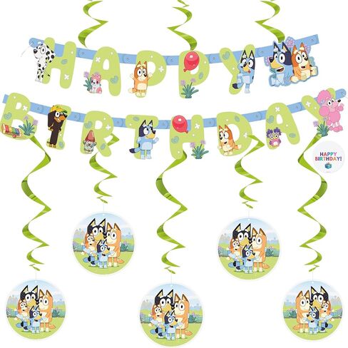 Bluey Birthday Banner and 6 Hanging Swirls | Bluey Birthday Decorations | Party Supplies | Officially Licensed in Saudi Arabia