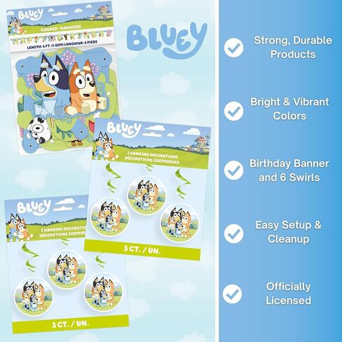 Bluey Birthday Banner and 6 Hanging Swirls | Bluey Birthday Decorations | Party Supplies | Officially Licensed in Saudi Arabia