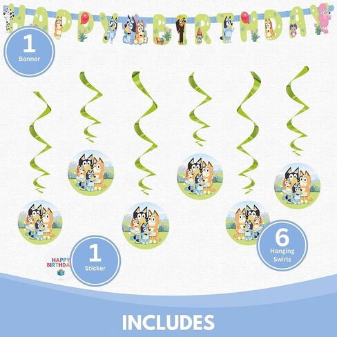 Bluey Birthday Banner and 6 Hanging Swirls | Bluey Birthday Decorations | Party Supplies | Officially Licensed in Saudi Arabia