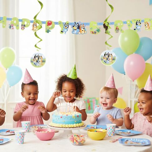 Bluey Birthday Banner and 6 Hanging Swirls | Bluey Birthday Decorations | Party Supplies | Officially Licensed in Saudi Arabia