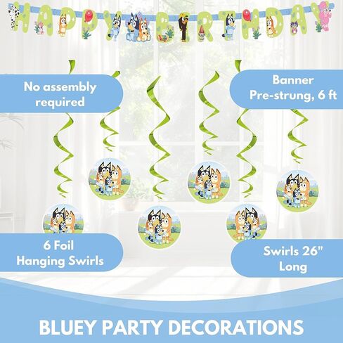 Bluey Birthday Banner and 6 Hanging Swirls | Bluey Birthday Decorations | Party Supplies | Officially Licensed in Saudi Arabia