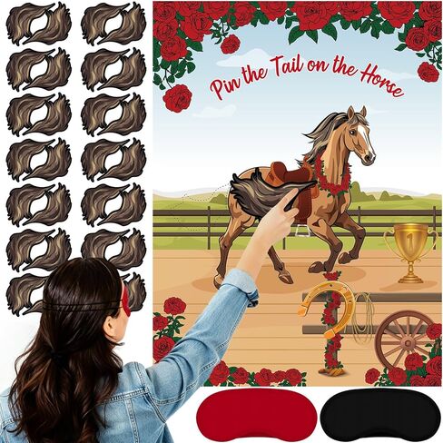 Civaner 33 Pcs Derby Decorations Pin The Tail on The Horse Game Kit with 1 Poster 30 Horse Tails & 2 Polyester Eye Masks Party Games for Derby Western Cowboy Party Supplies in Saudi Arabia