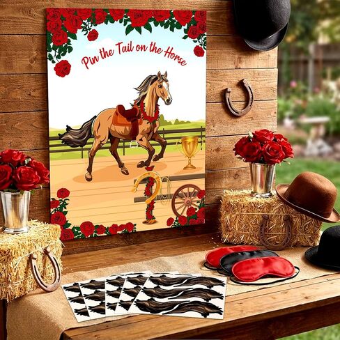 Civaner 33 Pcs Derby Decorations Pin The Tail on The Horse Game Kit with 1 Poster 30 Horse Tails & 2 Polyester Eye Masks Party Games for Derby Western Cowboy Party Supplies in Saudi Arabia