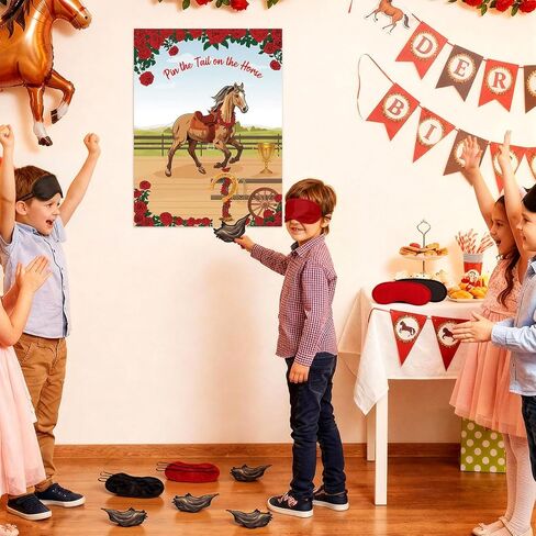 Civaner 33 Pcs Derby Decorations Pin The Tail on The Horse Game Kit with 1 Poster 30 Horse Tails & 2 Polyester Eye Masks Party Games for Derby Western Cowboy Party Supplies in Saudi Arabia