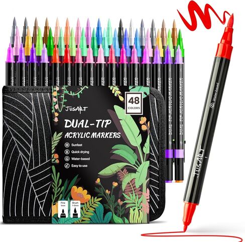 JusArt 60 لونًا أقلام طلاء أكريليك ذات طرف مزدوج، فرشاة وطرف رفيع، أقلام طلاء ممتازة للخشب والقماش والبيض والحجر والنسيج والصخور والمعادن والزجاج والسيراميك والحرف اليدوية التي تصنع الهدايا الفنية in Kuwait