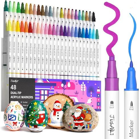 JusArt 60 لونًا أقلام طلاء أكريليك ذات طرف مزدوج، فرشاة وطرف رفيع، أقلام طلاء ممتازة للخشب والقماش والبيض والحجر والنسيج والصخور والمعادن والزجاج والسيراميك والحرف اليدوية التي تصنع الهدايا الفنية in Kuwait
