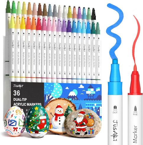 JusArt 60 لونًا أقلام طلاء أكريليك ذات طرف مزدوج، فرشاة وطرف رفيع، أقلام طلاء ممتازة للخشب والقماش والبيض والحجر والنسيج والصخور والمعادن والزجاج والسيراميك والحرف اليدوية التي تصنع الهدايا الفنية in Kuwait