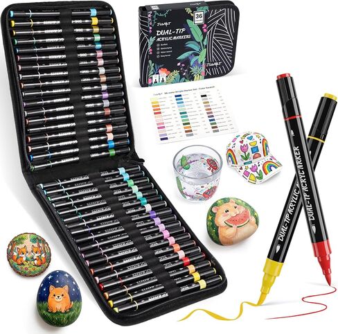 JusArt 60 لونًا أقلام طلاء أكريليك ذات طرف مزدوج، فرشاة وطرف رفيع، أقلام طلاء ممتازة للخشب والقماش والبيض والحجر والنسيج والصخور والمعادن والزجاج والسيراميك والحرف اليدوية التي تصنع الهدايا الفنية in Kuwait
